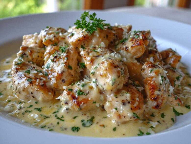 Close-up of pan-seared chicken pieces smothered in a rich, creamy lemon sauce and topped with parsley.
