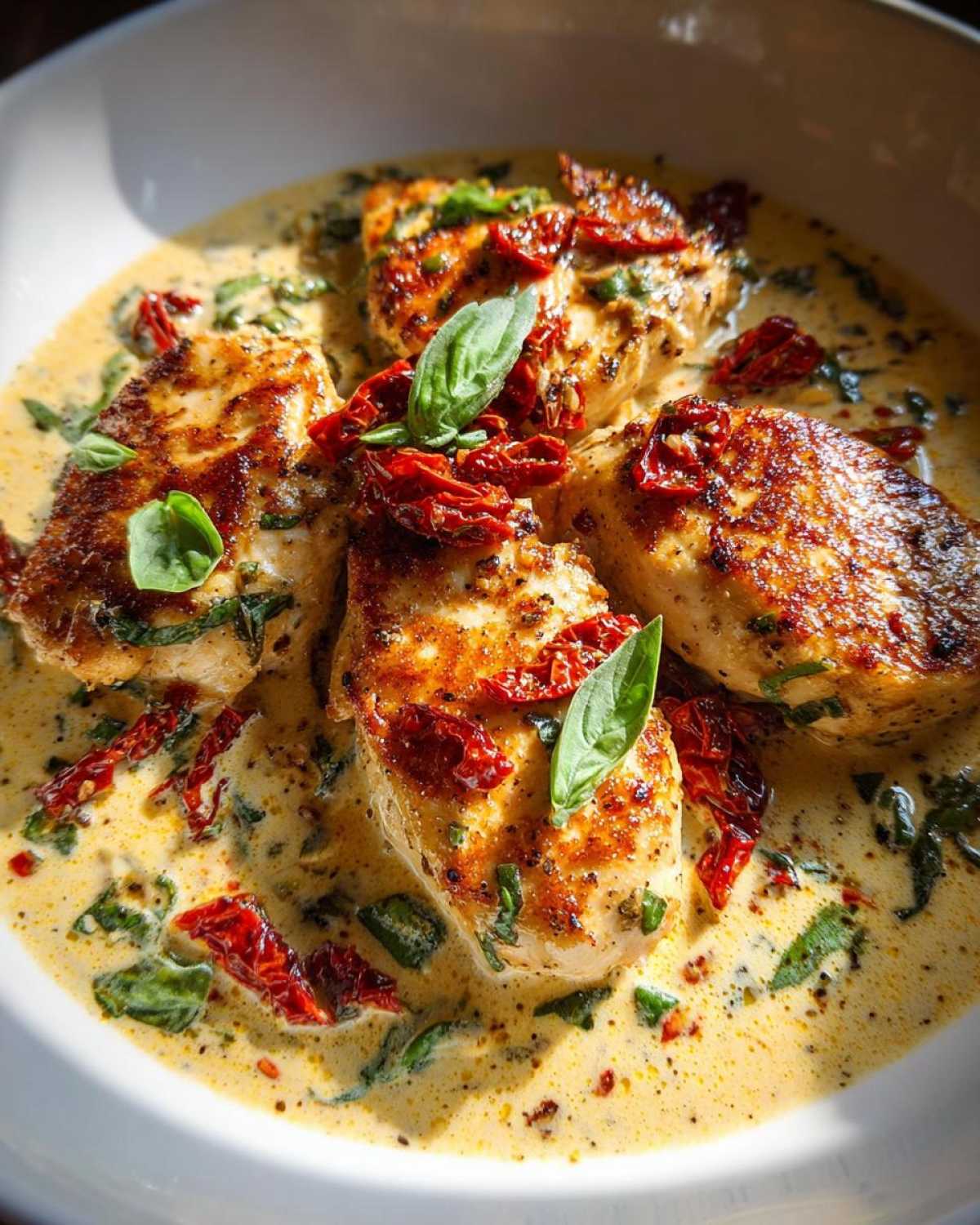 Four golden-brown chicken breasts swimming in a rich, creamy sauce with sun-dried tomatoes and fresh basil, perfect Marry Me Chicken.