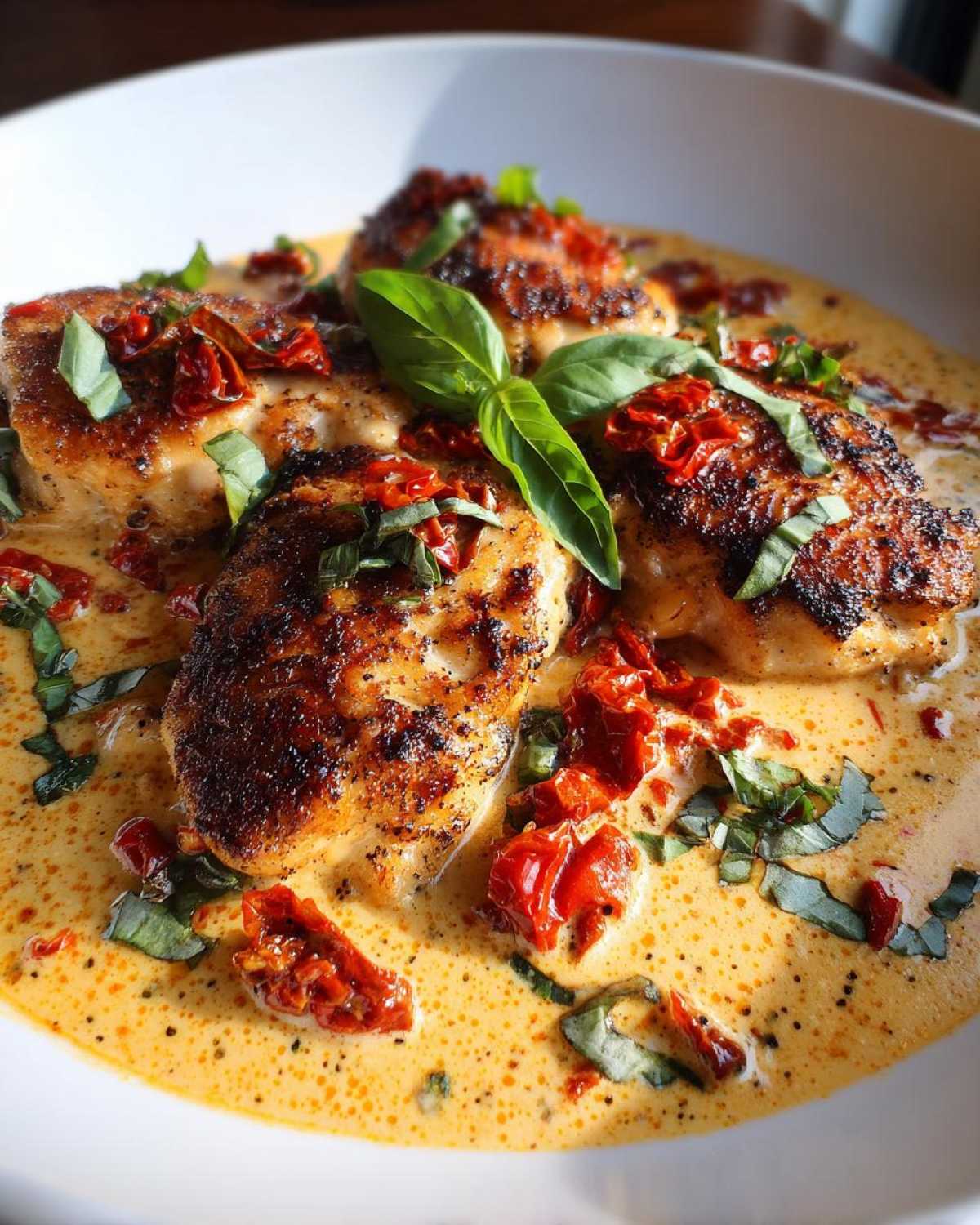 Three perfectly seared pieces of marry me chicken swimming in a rich, creamy sauce with sun-dried tomatoes and fresh basil.