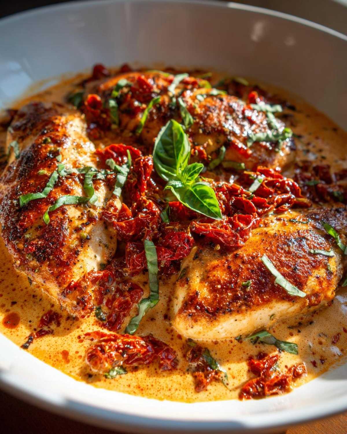 Close-up of seared chicken breasts covered in creamy sauce, sun-dried tomatoes, and fresh basil, known as Marry Me Chicken.