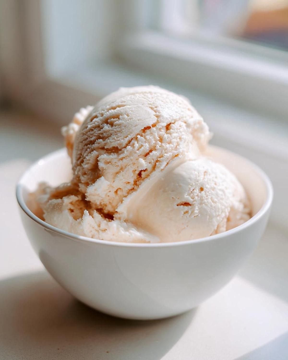 Close-up of two scoops of creamy, light-colored protein ice cream served in a small white bowl.