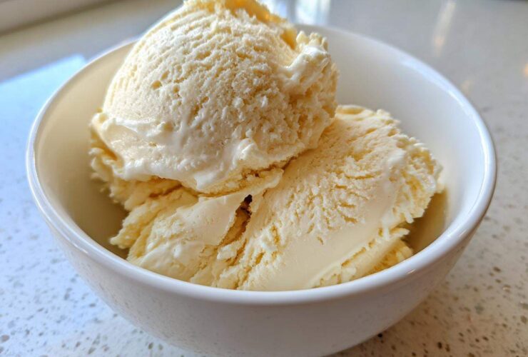 Two scoops of creamy, pale yellow protein ice cream served in a small white bowl.