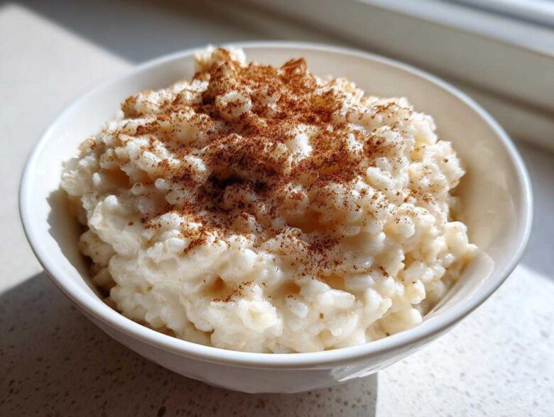 Close-up of creamy rice pudding topped generously with ground cinnamon in a white bowl.
