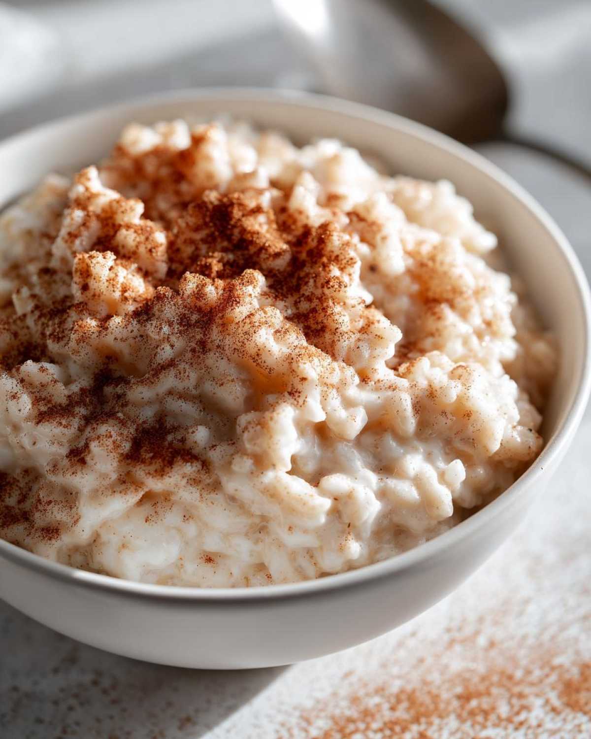 Close-up of creamy rice pudding in a white bowl, generously sprinkled with ground cinnamon.