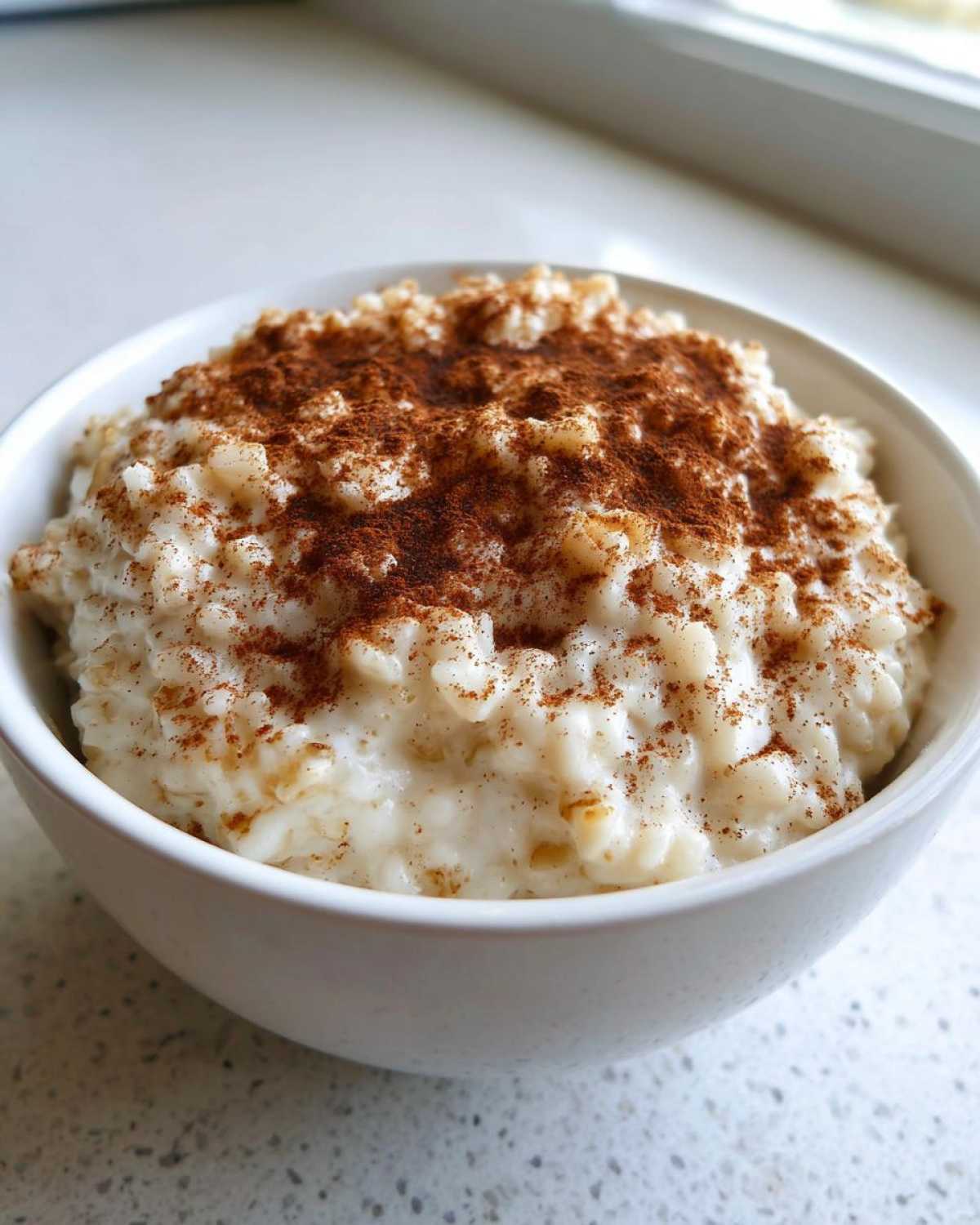 A close-up of creamy rice pudding in a white bowl, generously sprinkled with cinnamon.