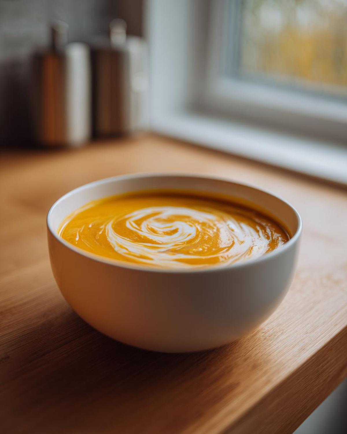 A close-up of creamy roasted butternut squash soup garnished with a swirl of cream in a white bowl.