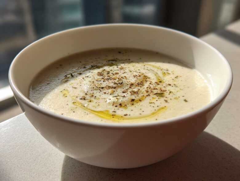 A close-up of a bowl of creamy roasted cauliflower soup, drizzled with olive oil and sprinkled with pepper and herbs.