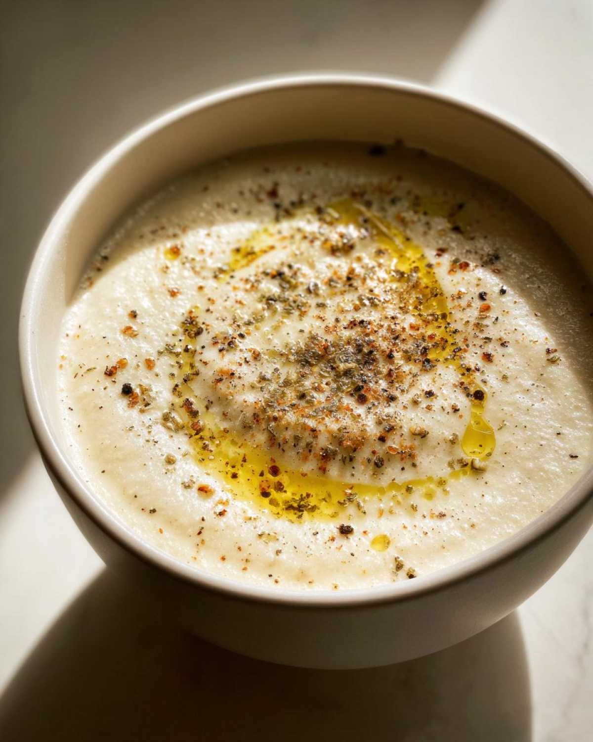 Close-up of creamy roasted cauliflower soup topped with olive oil and a generous sprinkle of pepper and herbs.