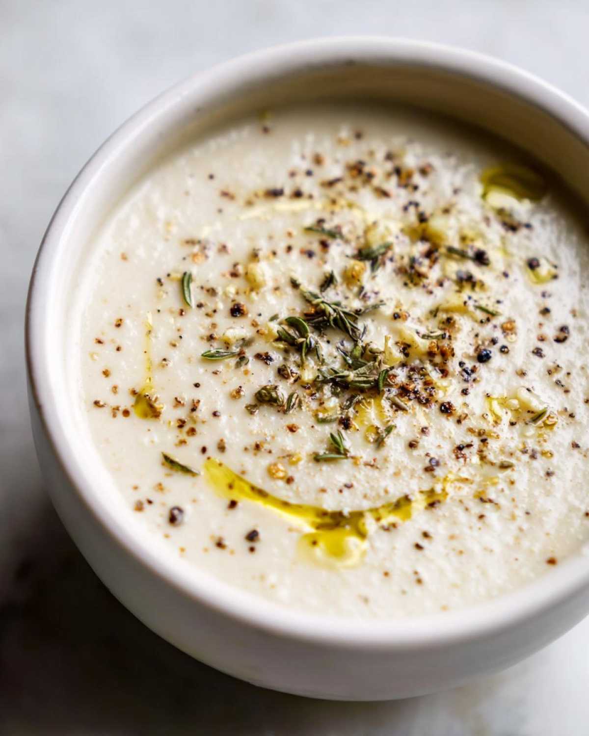 Close-up of creamy roasted cauliflower soup topped with olive oil, cracked black pepper, and fresh thyme.