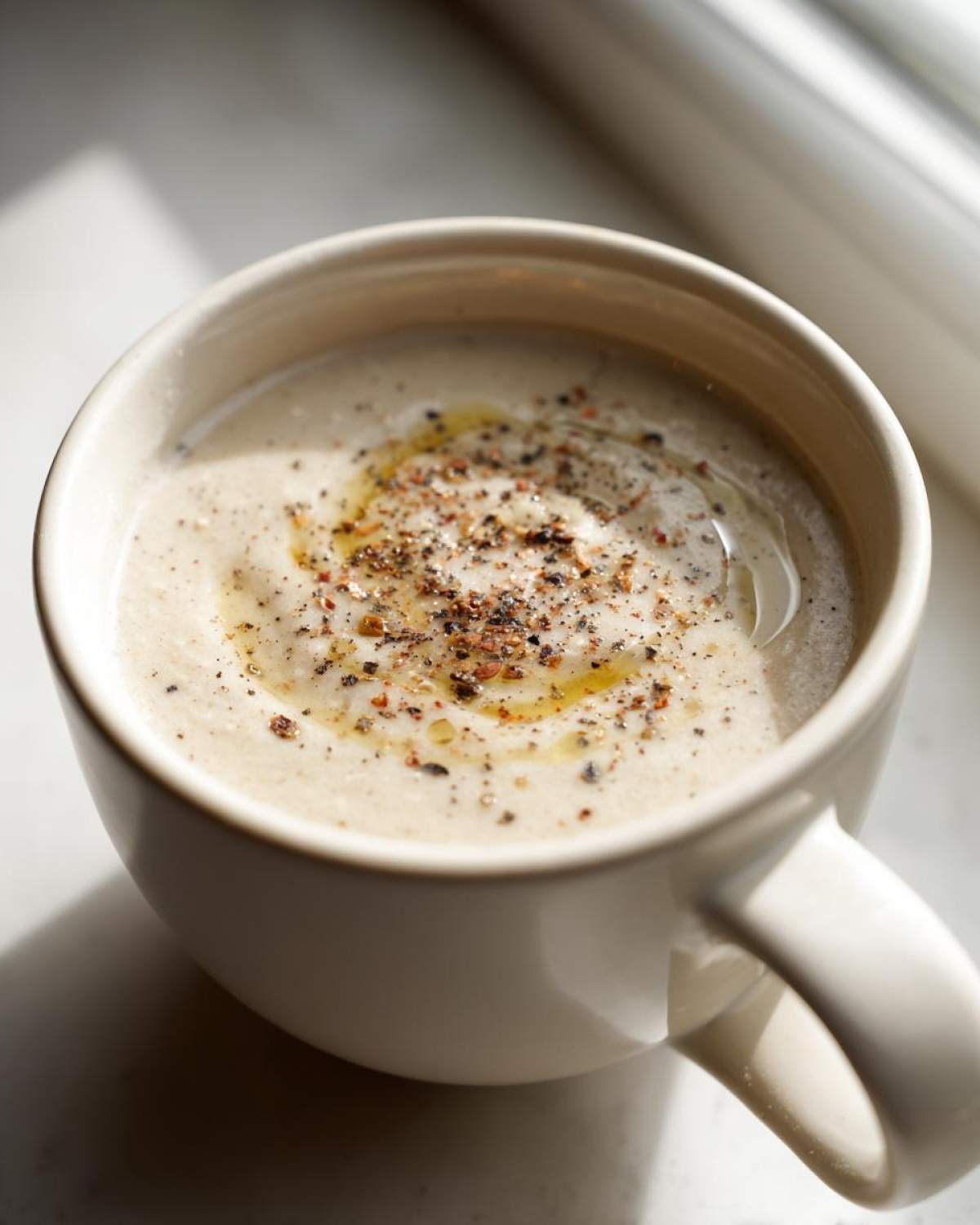 Close-up of creamy roasted cauliflower soup topped with olive oil and cracked black pepper.