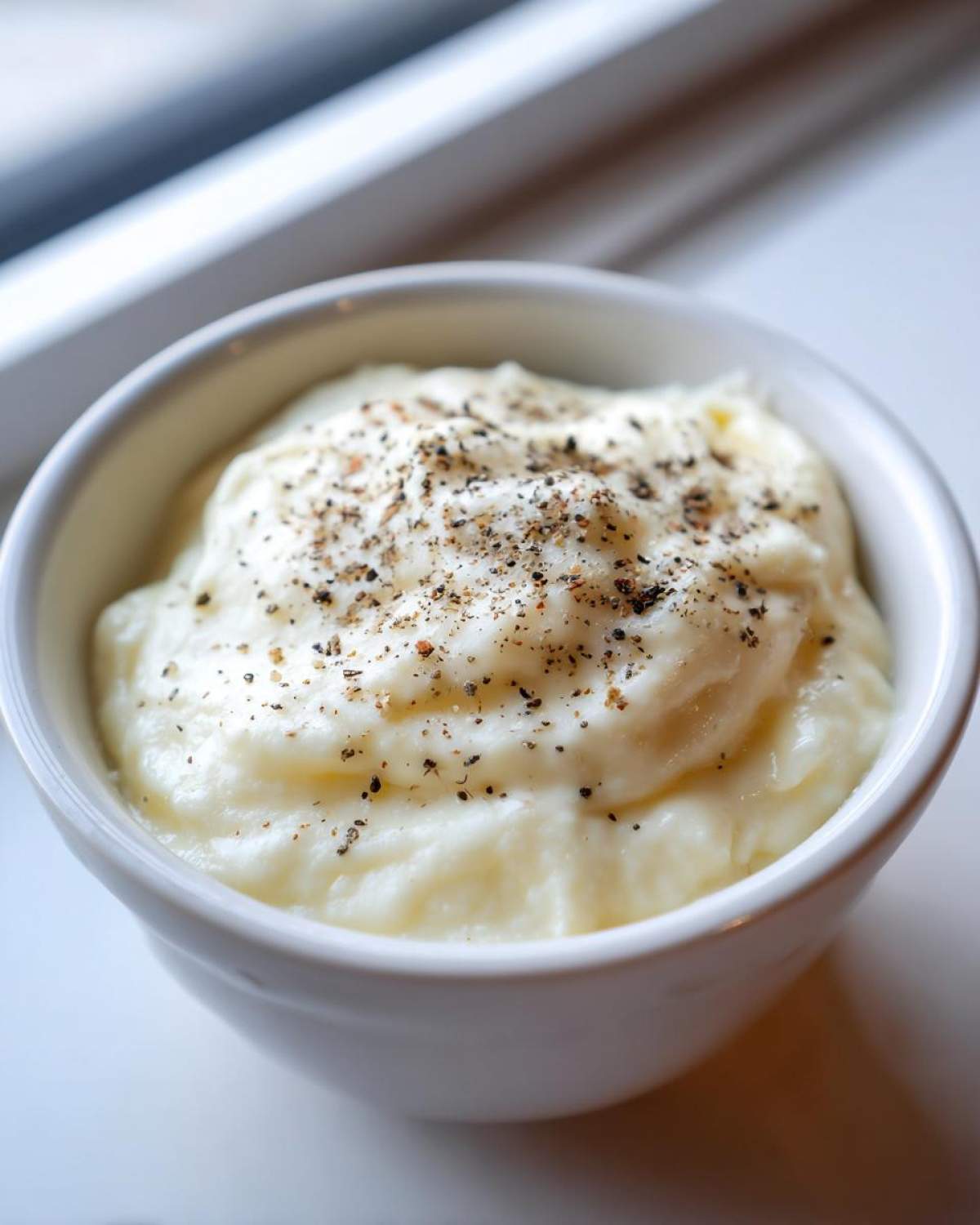 A small white bowl filled with creamy white sauce, likely Olive Garden Alfredo Sauce, topped generously with cracked black pepper.