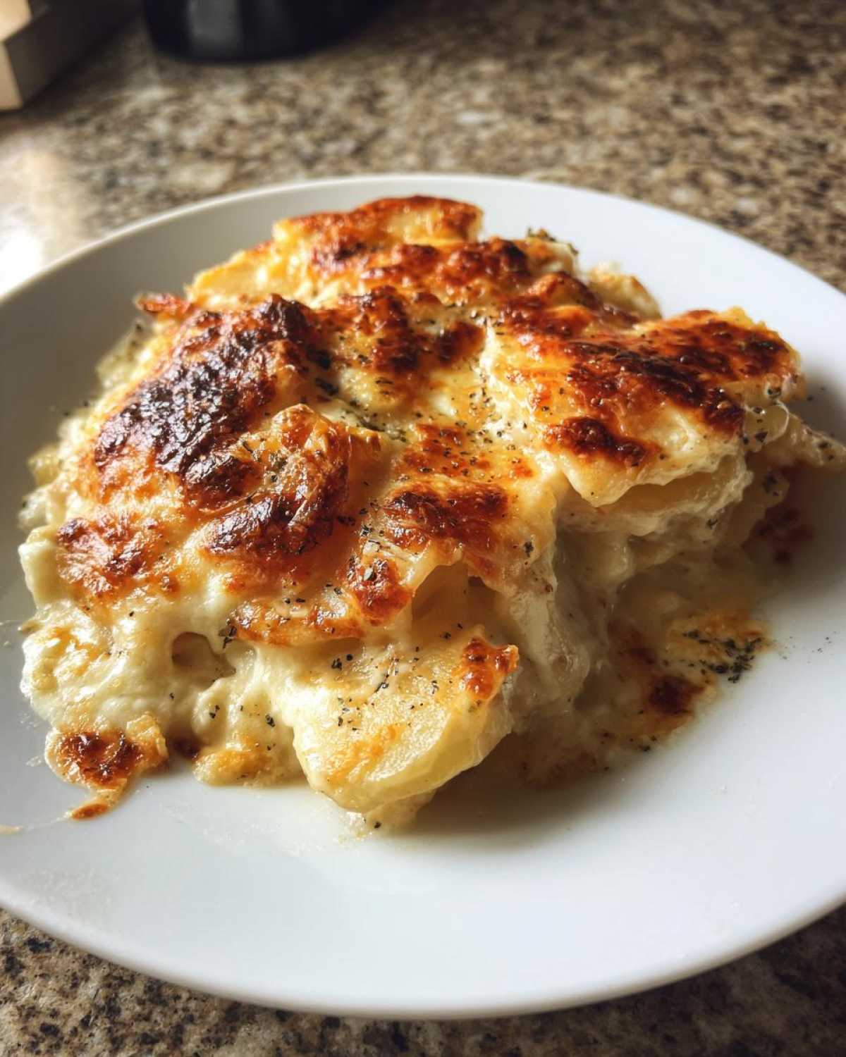 A serving of creamy scalloped potatoes with a golden-brown, cheesy, and slightly charred top, seasoned with pepper.