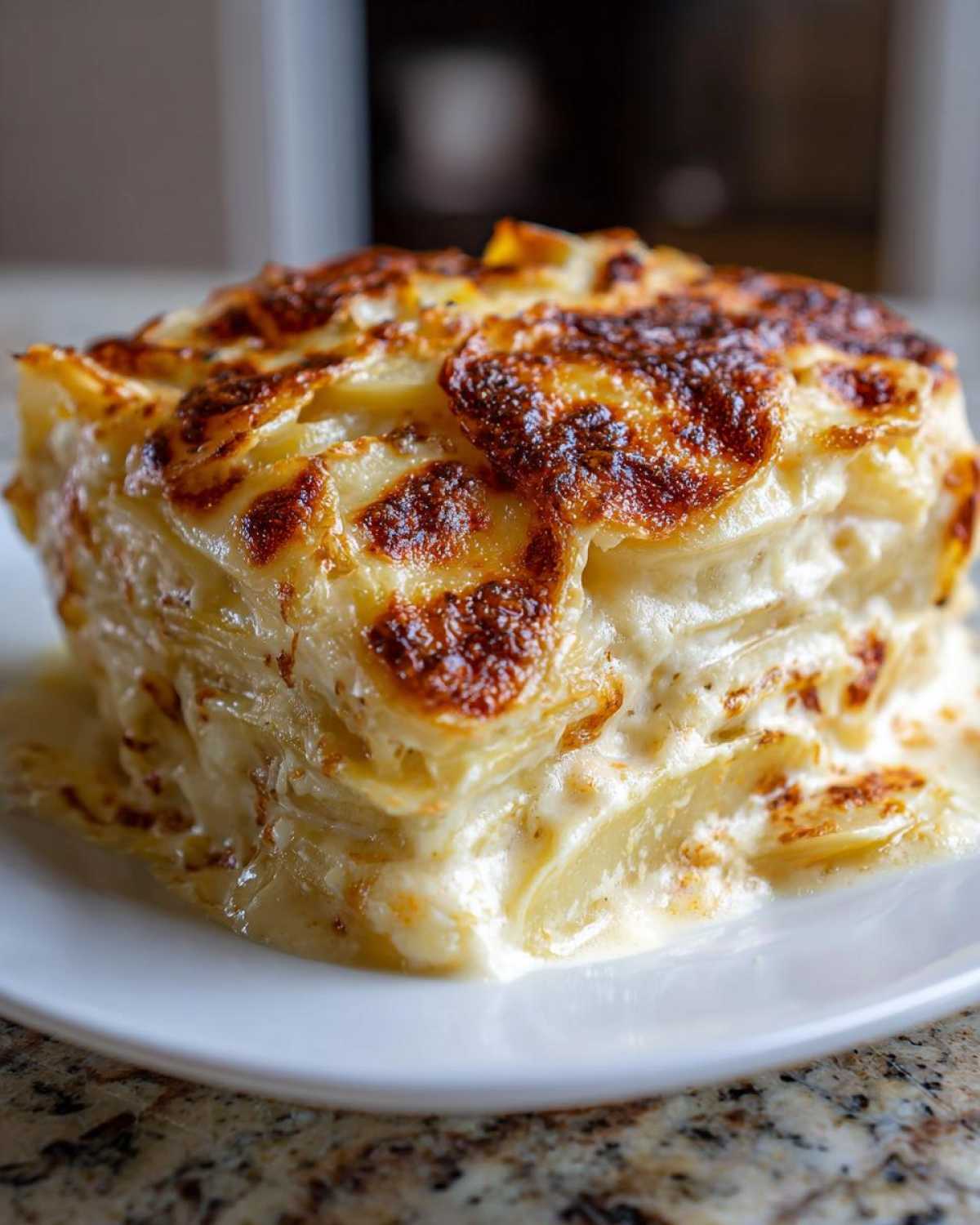 A perfect square slice of creamy scalloped potatoes, showing layers of tender potatoes and a golden-brown, cheesy crust.
