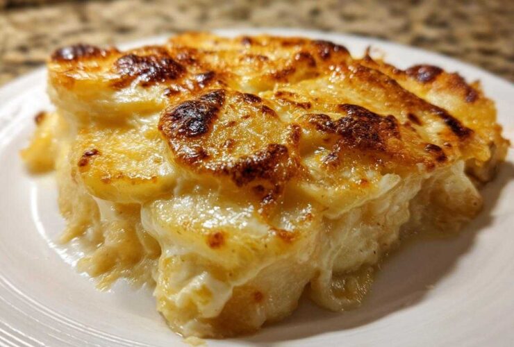 A close-up serving of creamy scalloped potatoes showing layers of tender potatoes and a golden-brown, cheesy top.