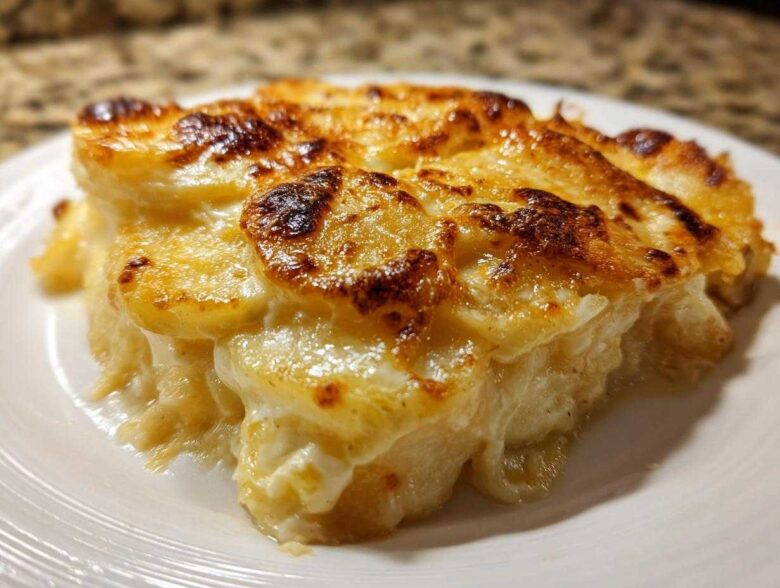 A close-up serving of creamy scalloped potatoes showing layers of tender potatoes and a golden-brown, cheesy top.