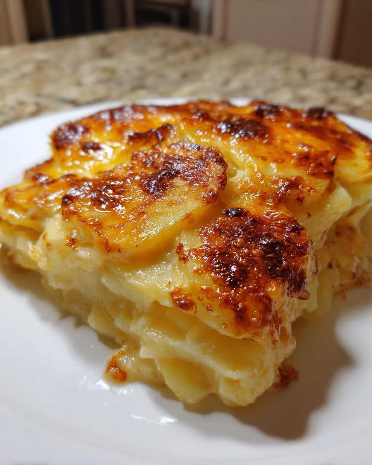 Close-up of a serving of creamy scalloped potatoes showing layers and a beautifully browned, cheesy top.