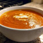 Close-up of a bowl of creamy tomato basil soup, garnished with a swirl of cream and cracked black pepper.