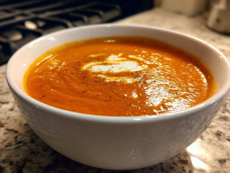 Close-up of a bowl of creamy tomato basil soup, garnished with a swirl of cream and cracked black pepper.