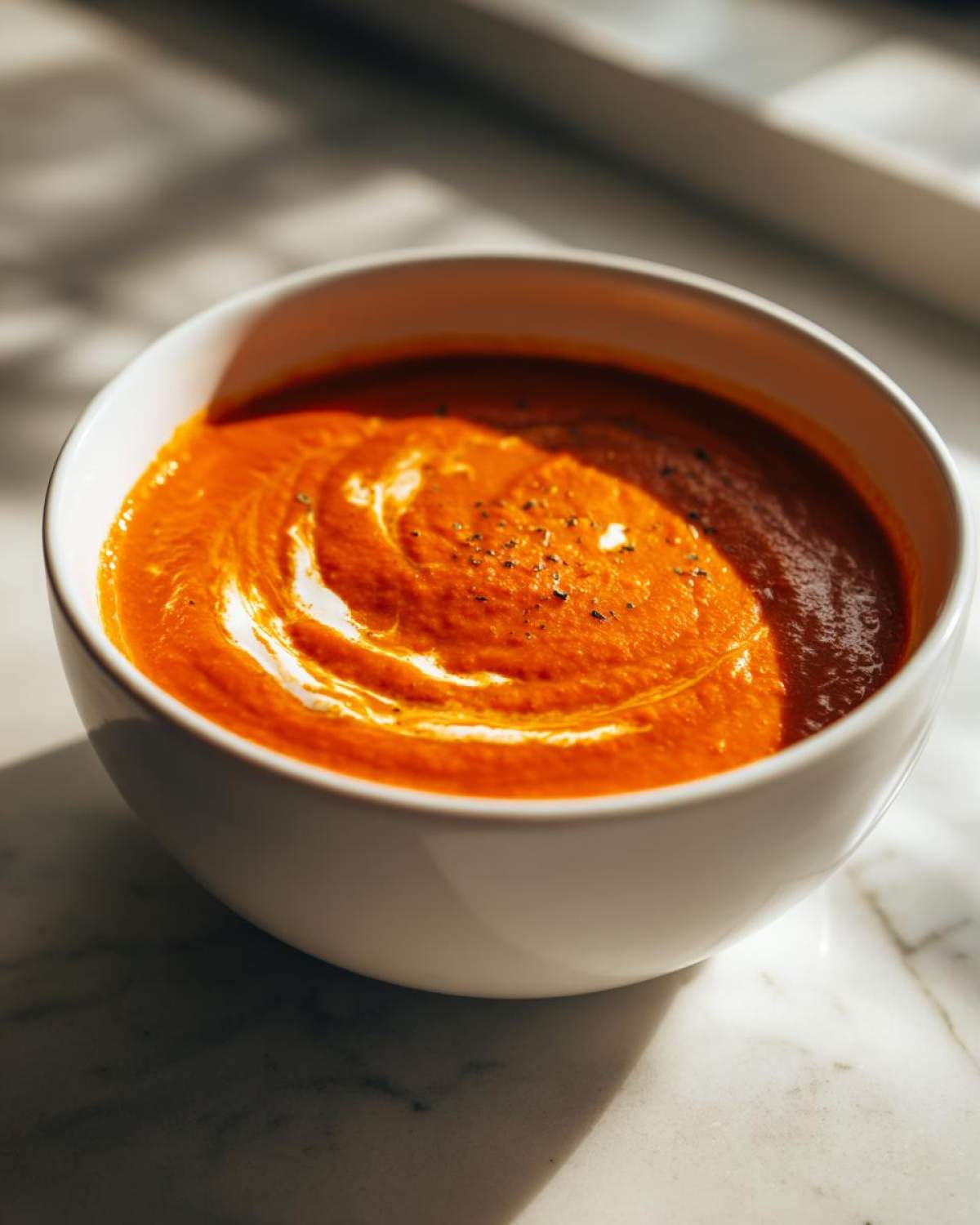 A close-up of creamy tomato basil soup, swirled with cream and sprinkled with pepper, in a white bowl.