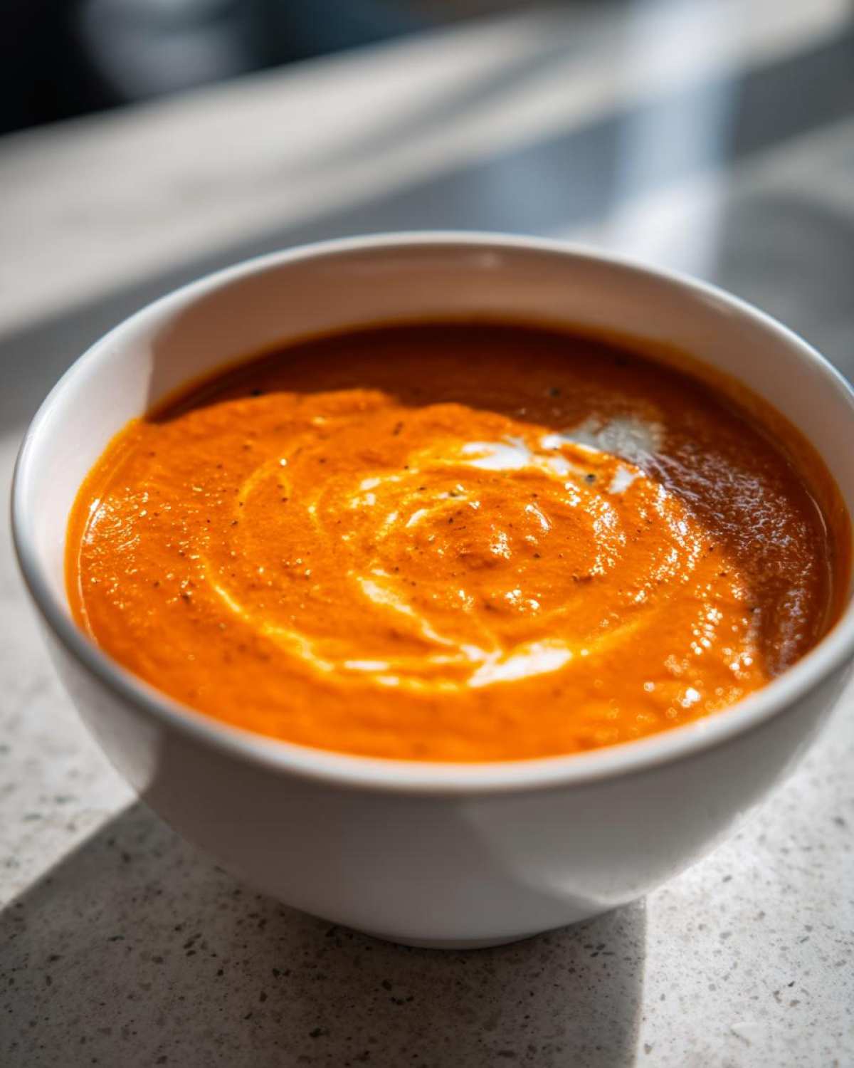 A close-up of creamy tomato basil soup swirled with cream in a white bowl.