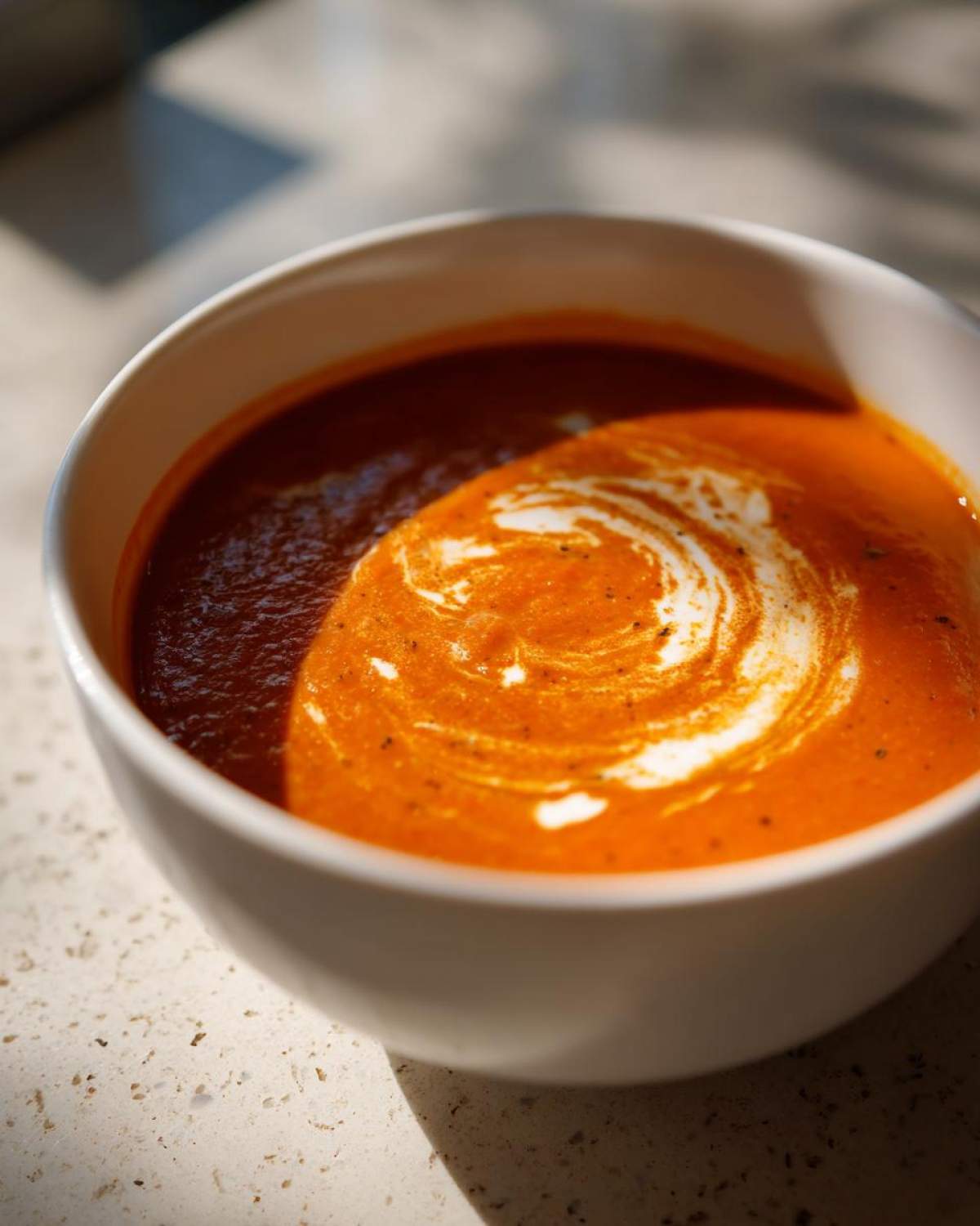Close-up of creamy tomato basil soup topped with a swirl of cream.