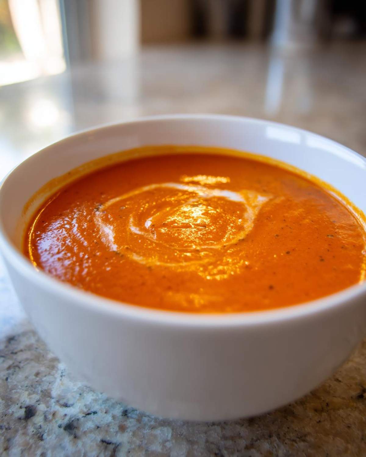 Close-up of creamy tomato basil soup garnished with a swirl of cream in a white bowl.