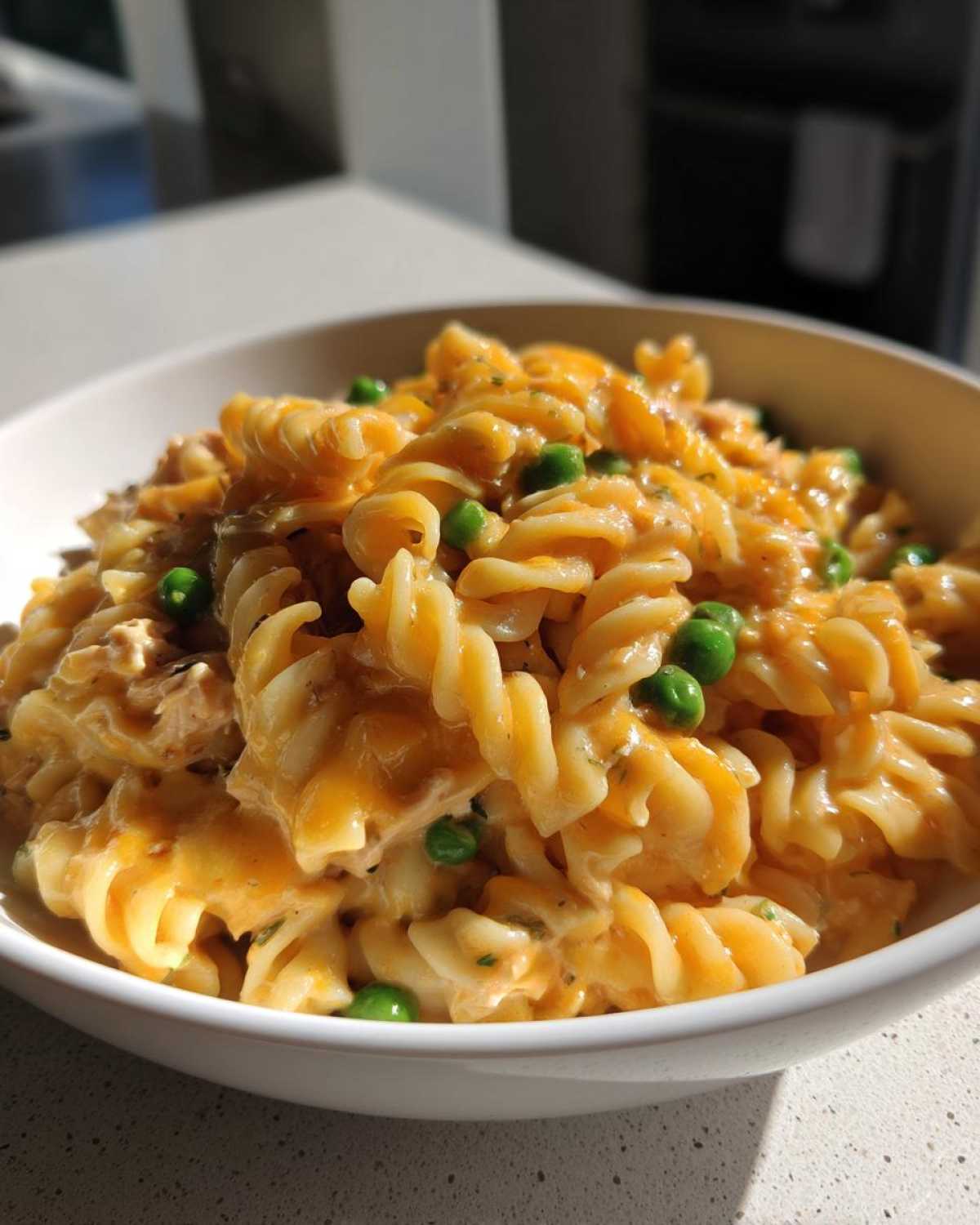 Close-up of creamy, cheesy tuna pasta made with rotini and bright green peas served in a white bowl.