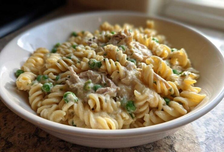 A close-up of creamy tuna pasta made with fusilli noodles and green peas served in a white bowl.