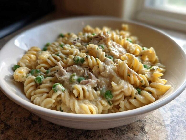 A close-up of creamy tuna pasta made with fusilli noodles and green peas served in a white bowl.