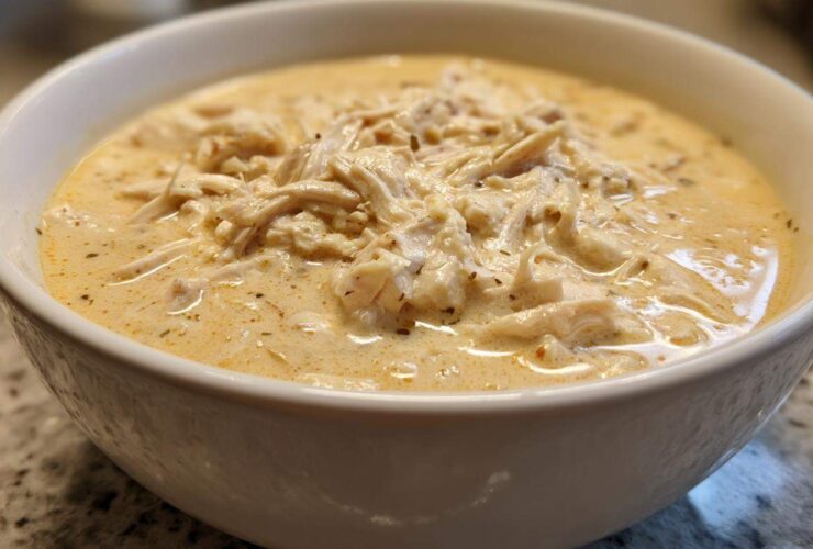 Close-up of a bowl filled with creamy white chicken chili, featuring shredded white chicken.