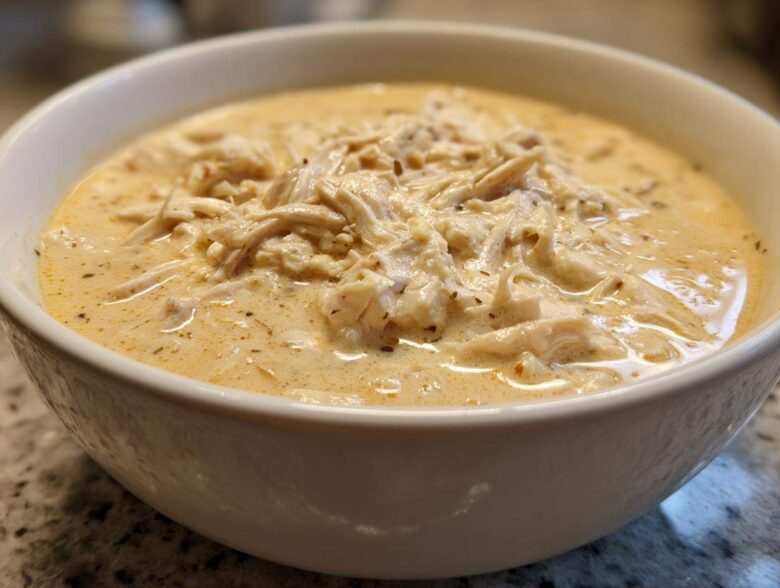 Close-up of a bowl filled with creamy white chicken chili, featuring shredded white chicken.