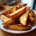 A close-up of perfectly golden and crispy air fryer potato wedges piled high on a speckled white plate.