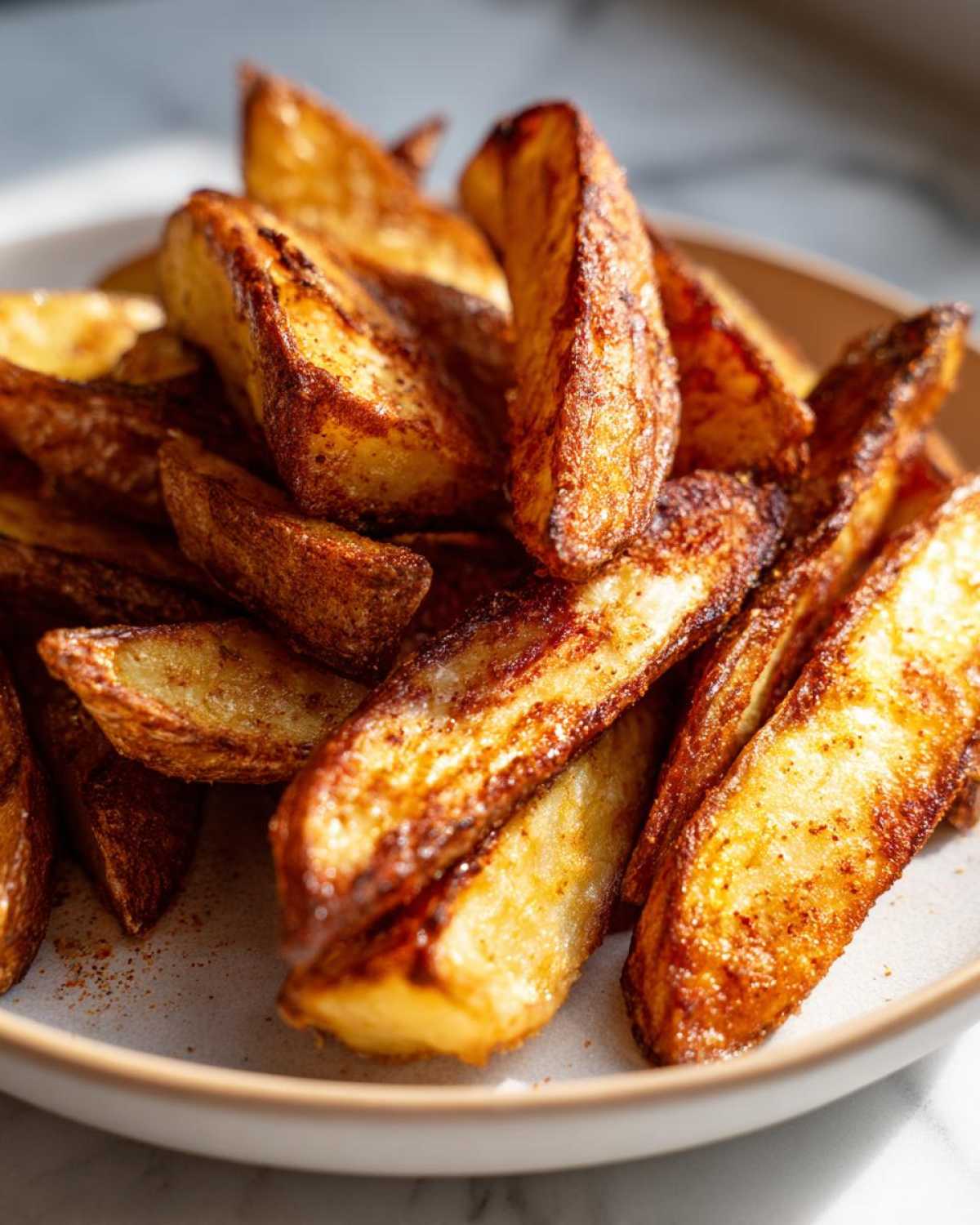 Close-up of a plate piled high with perfectly crispy, golden brown air fryer potato wedges seasoned with spices.