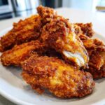 A pile of golden brown, glossy crispy baked chicken wings, with one wing broken open showing the white meat inside.
