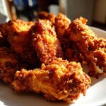 Close-up of golden brown, extra crispy baked chicken wings piled high on a white plate.