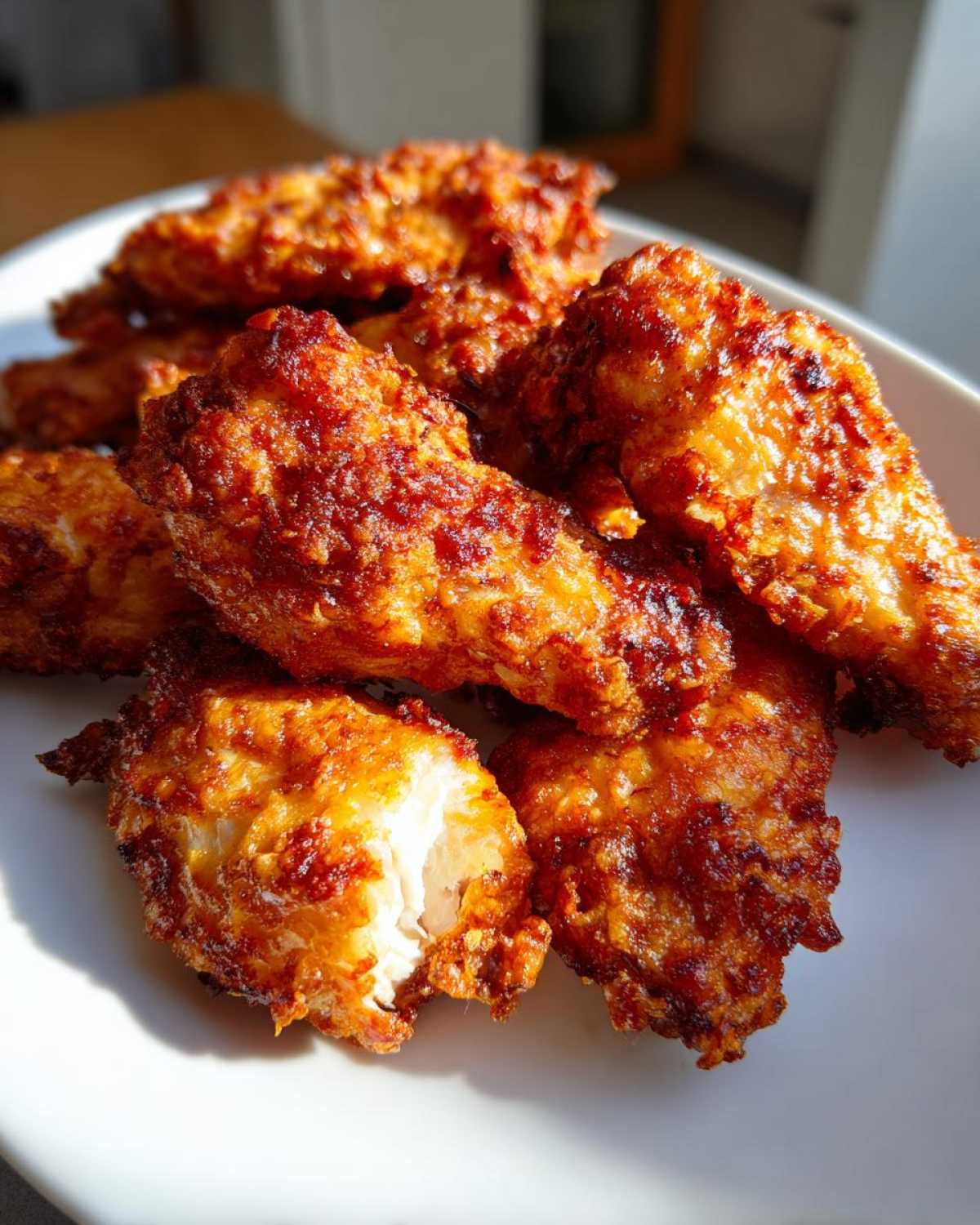 Close-up of several golden-brown, crispy baked chicken wings piled on a white plate, showing the texture.