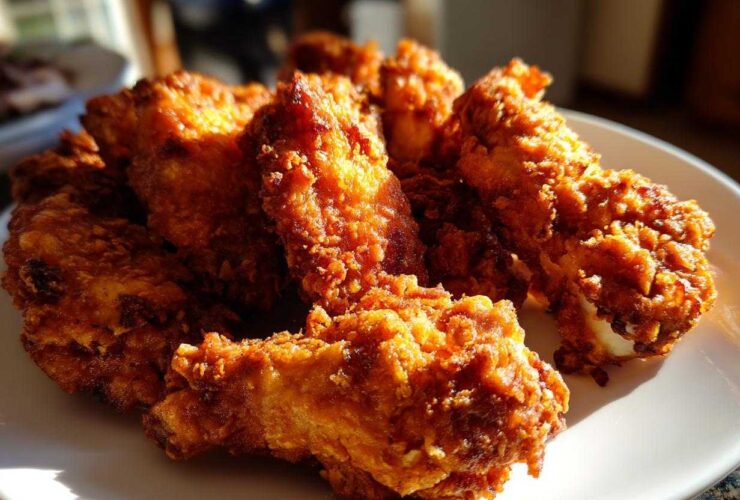Close-up of golden brown, extra crispy baked chicken wings piled high on a white plate.