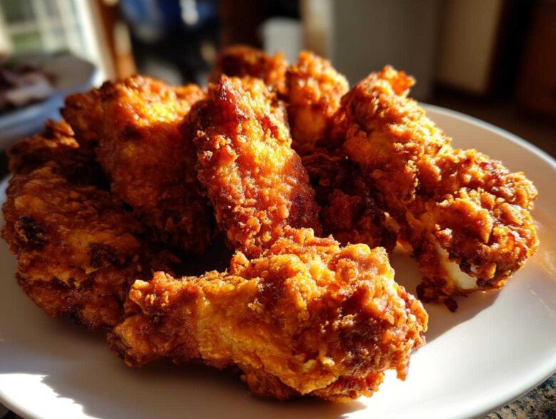 Close-up of golden brown, extra crispy baked chicken wings piled high on a white plate.