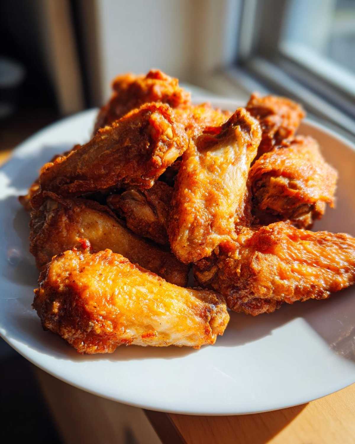A pile of golden brown, crispy baked chicken wings served on a white plate, catching bright sunlight.