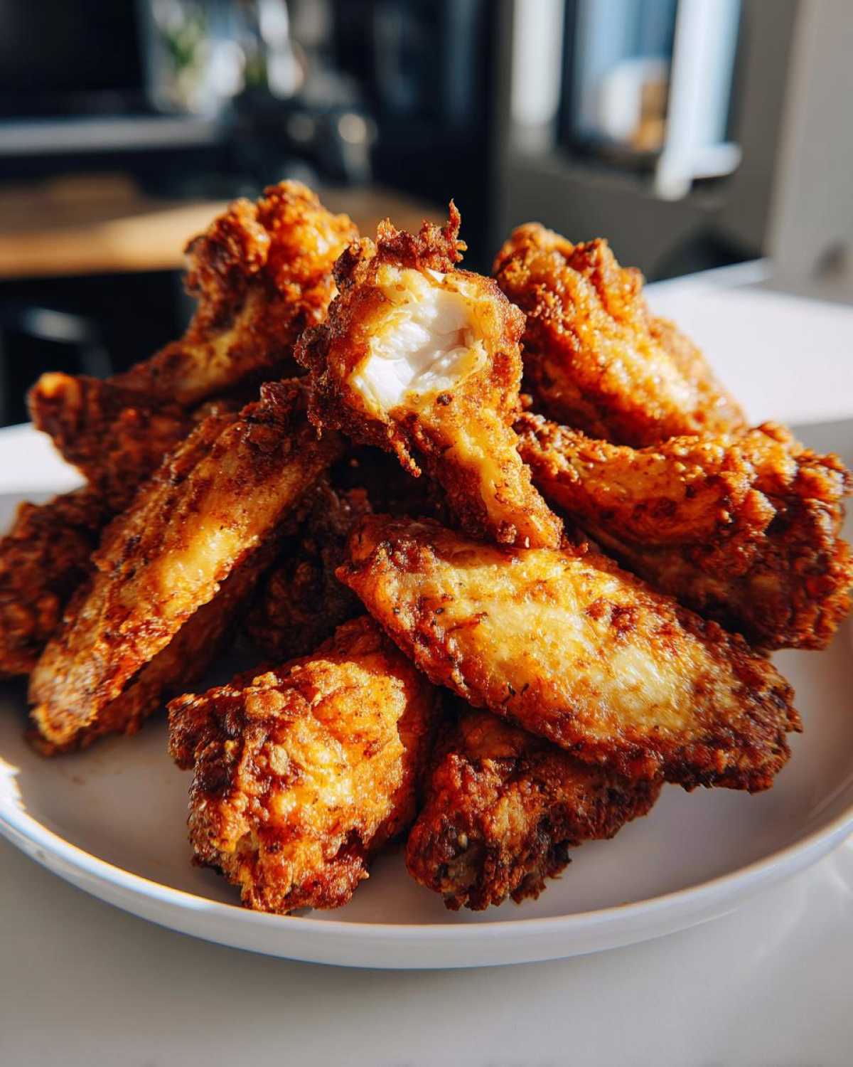 A pile of golden brown, crispy baked chicken wings with one wing broken open showing juicy white meat inside.