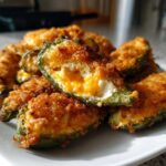 A plate of golden brown, baked jalapeño poppers stuffed with cheese filling.