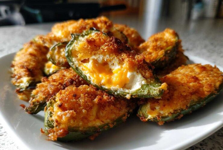 A plate of golden brown, baked jalapeño poppers stuffed with cheese filling.