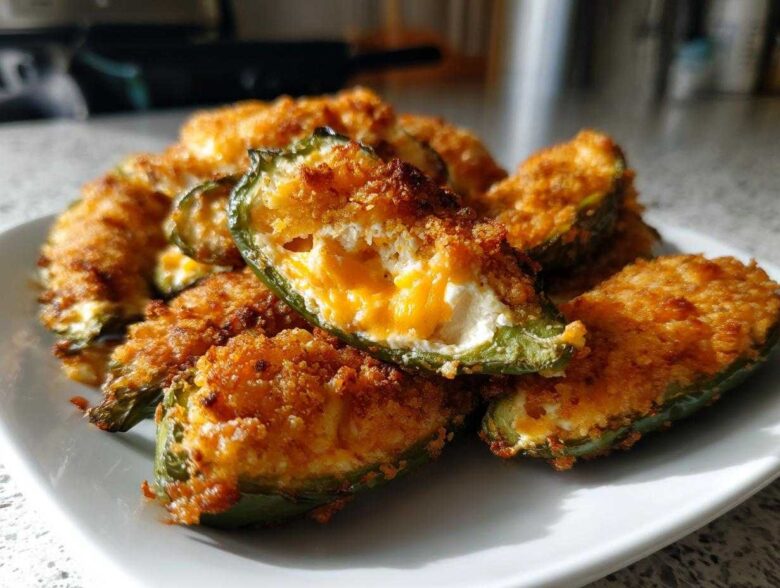 A plate of golden brown, baked jalapeño poppers stuffed with cheese filling.