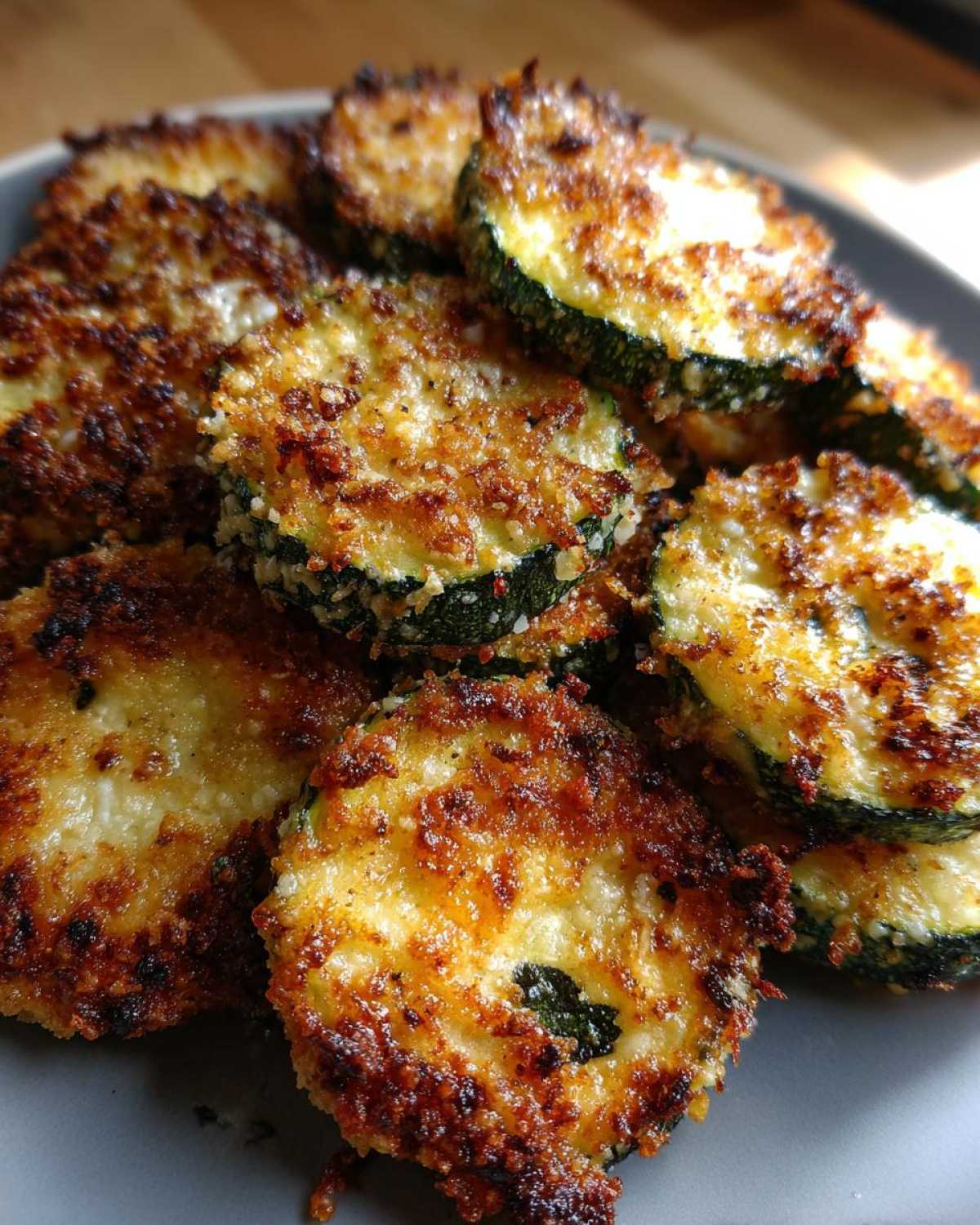 Close-up of golden brown, crispy baked parmesan zucchini slices piled on a gray plate.