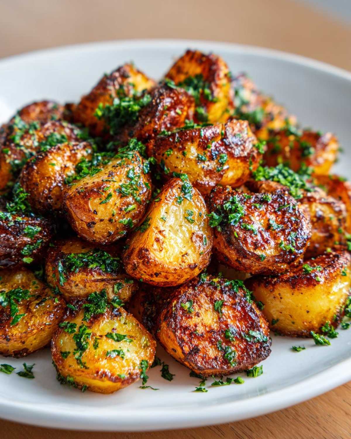 Close-up of perfectly roasted, golden-brown breakfast potatoes sprinkled with fresh green parsley.