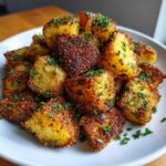 A close-up of perfectly crispy, golden-brown breakfast potatoes seasoned and topped with fresh chopped parsley.