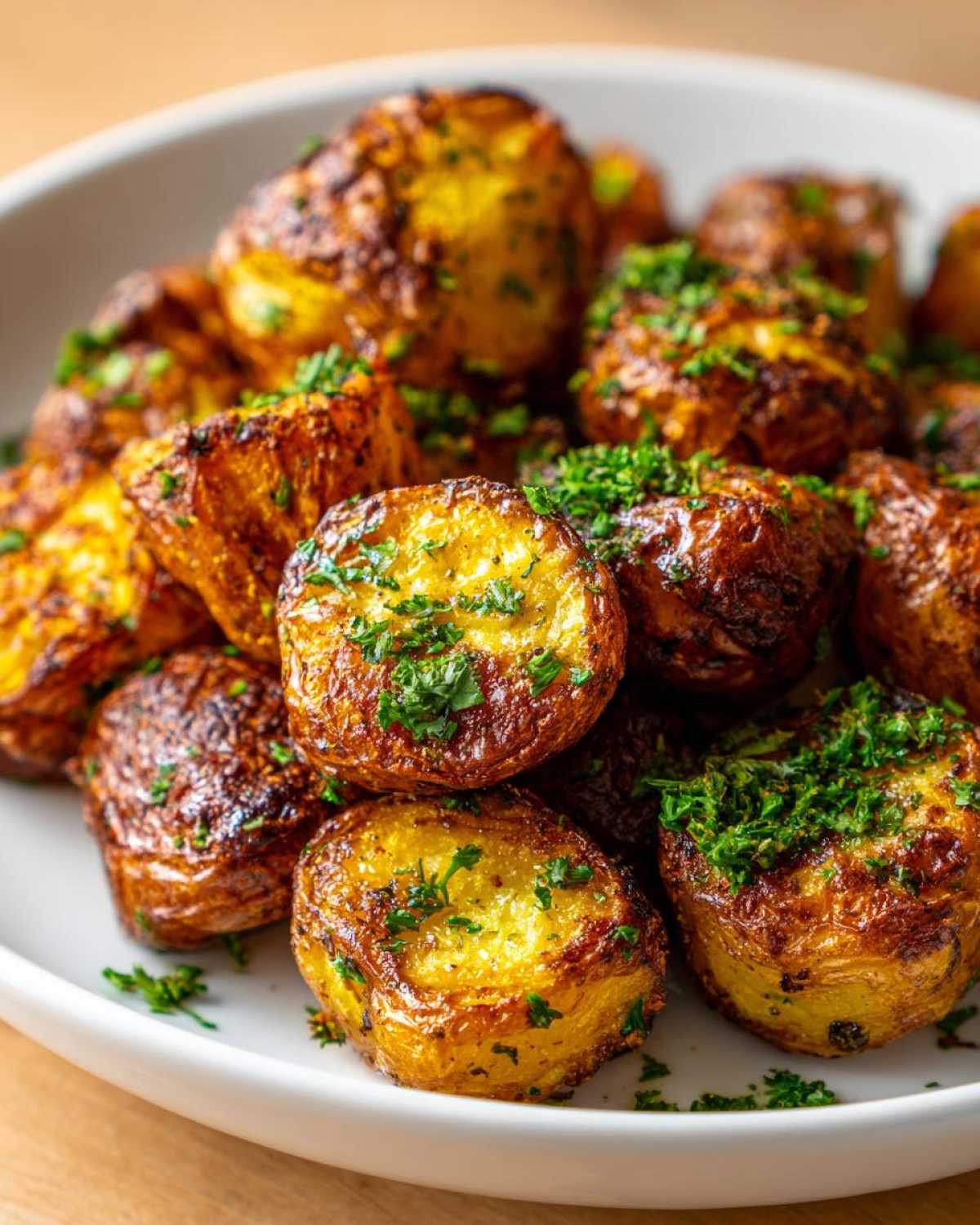 Close-up of golden brown, crispy breakfast potatoes seasoned and topped with fresh chopped parsley.