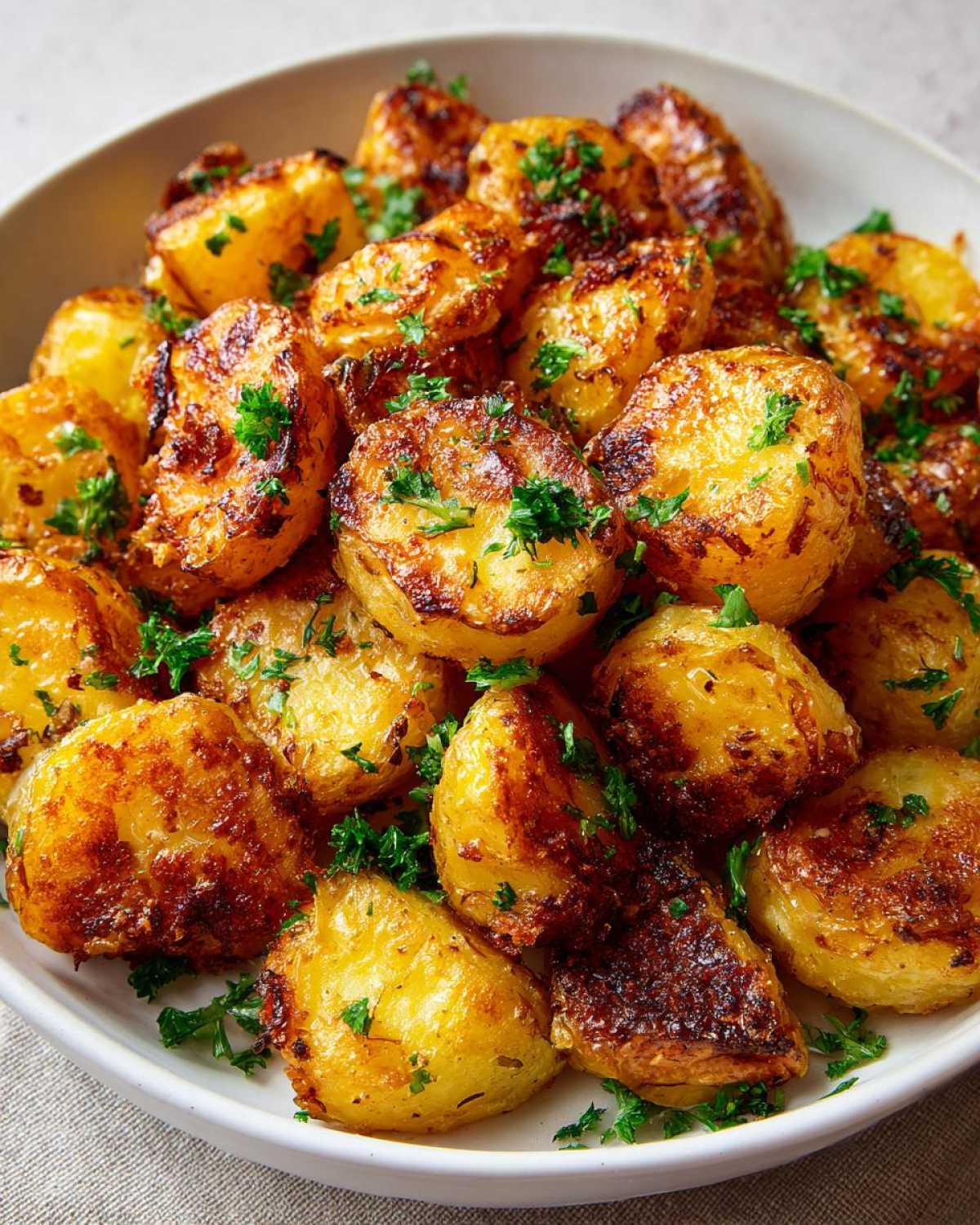 Close-up of perfectly roasted, golden brown breakfast potatoes garnished with fresh chopped parsley.