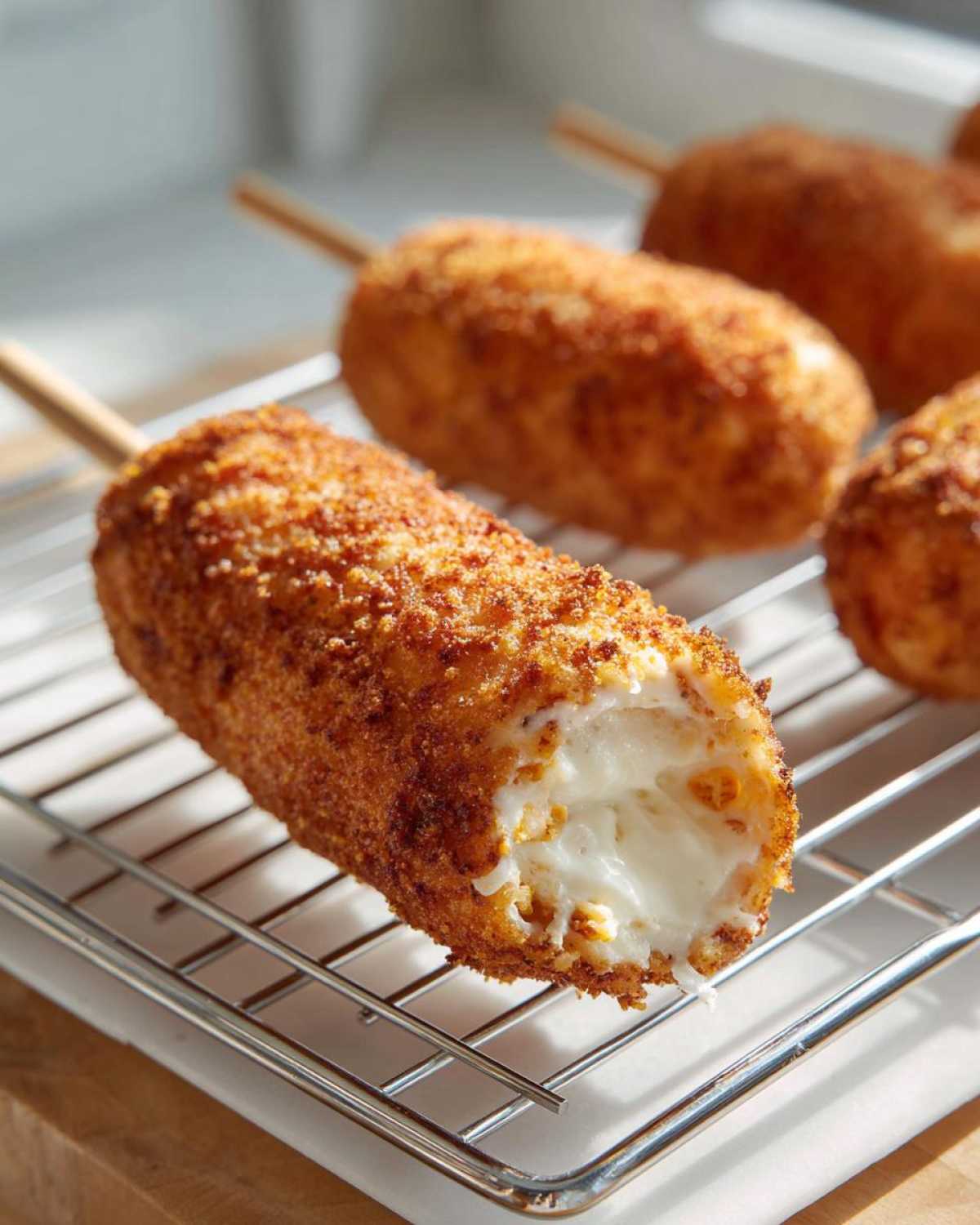 Close-up of a crispy corn dogs with a cheesy filling oozing out, resting on a cooling rack.