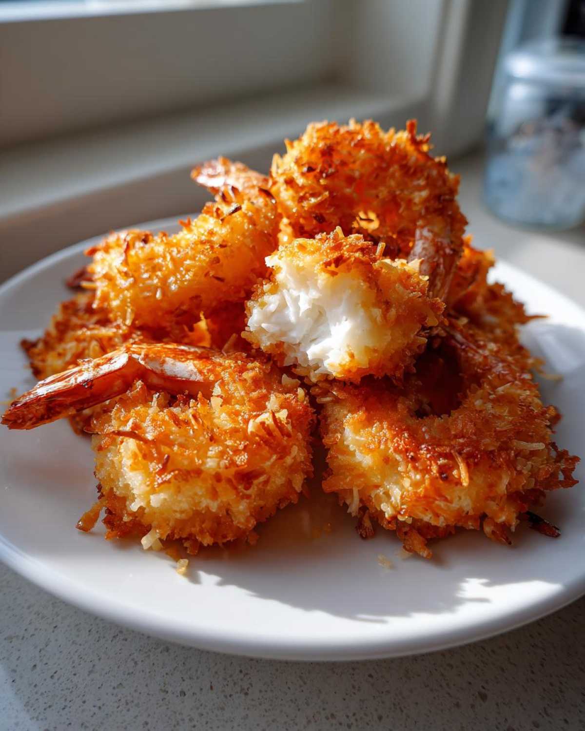 A pile of golden brown, crispy coconut shrimp on a white plate, with one piece broken open showing the white shrimp inside.